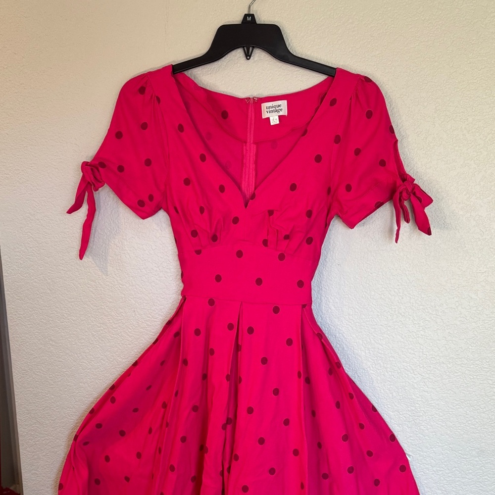 Collectif Fuchsia Dress with Navy Polka Dots